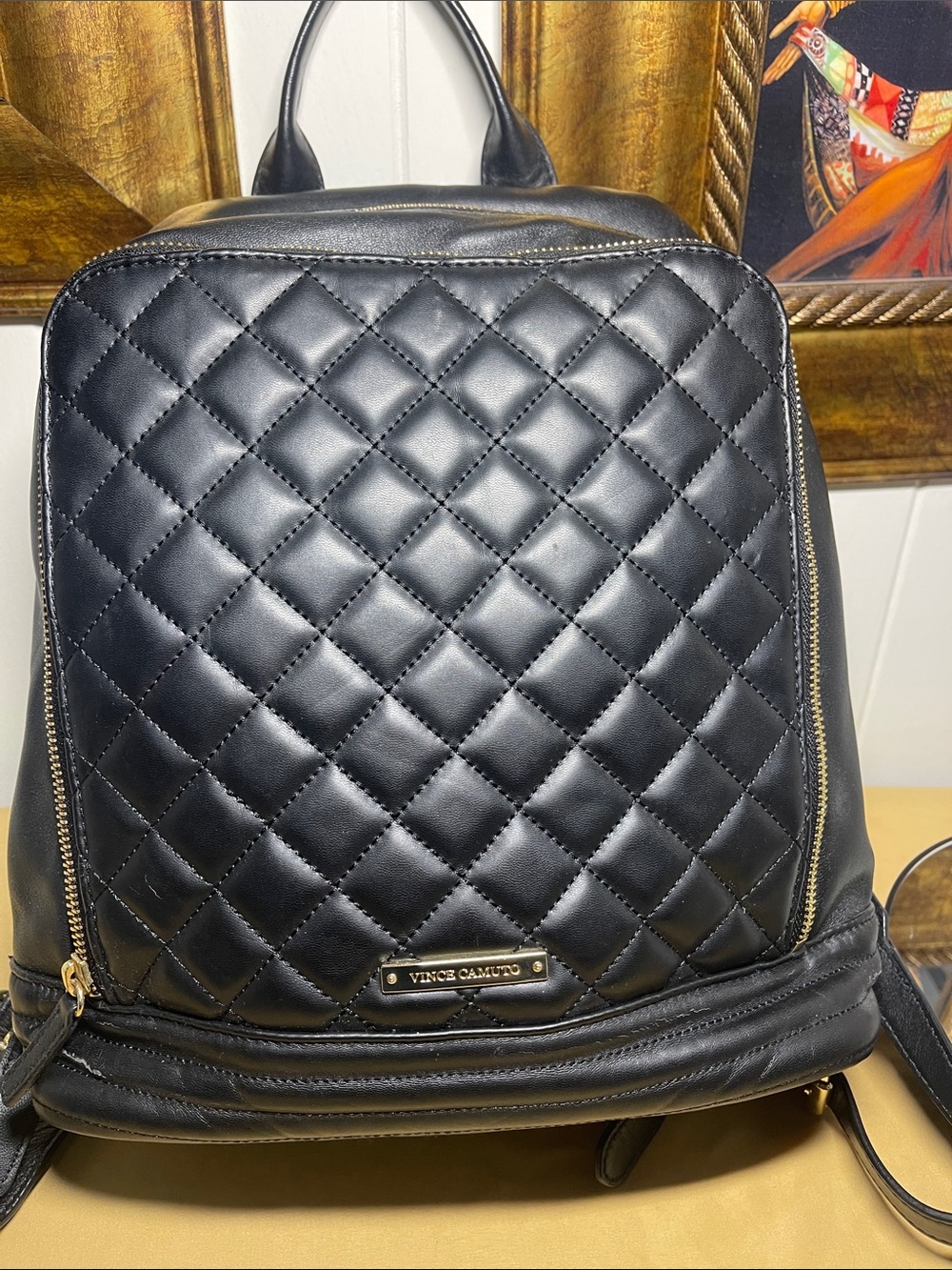 Vince Camuto Black Quilted Leather Backpack with Gold Accents